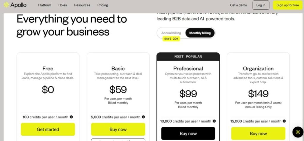 Apollo.io Pricing Page