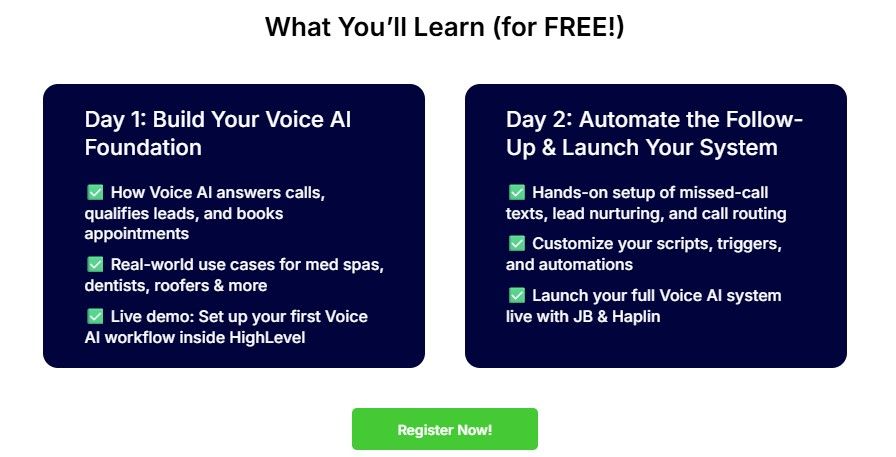 What you will learn in GoHighLevel Voice AI Workshop (Day 1 and 2)